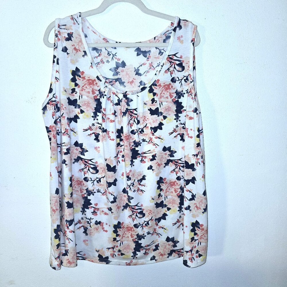 Zeagoo Peach, Coral, Navy on White Floral Tank Top Scoop Neck Size XXL